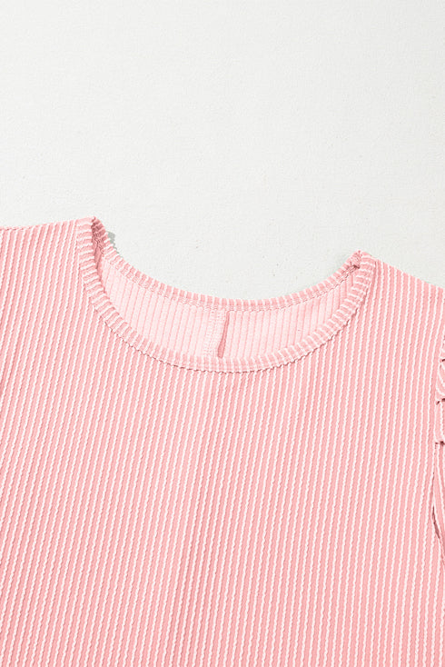 Corded Knit Crew Neck Puff Sleeve Shift Mini Dress