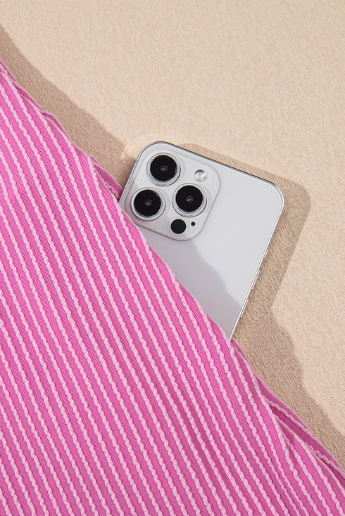 Corded Knit Crew Neck Puff Sleeve Shift Mini Dress