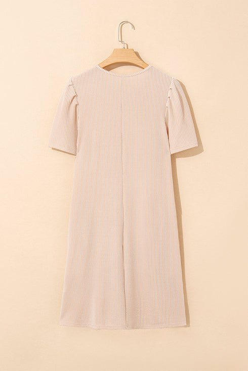 Corded Knit Crew Neck Puff Sleeve Shift Mini Dress