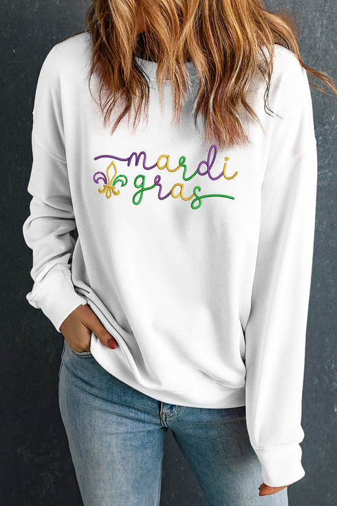 Corded Knit Embroidered Script Graphic Pullover Sweatshirt