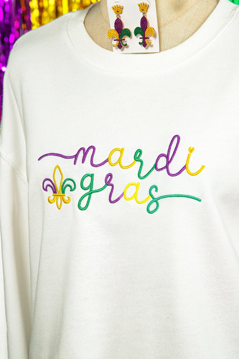Corded Knit Embroidered Script Graphic Pullover Sweatshirt