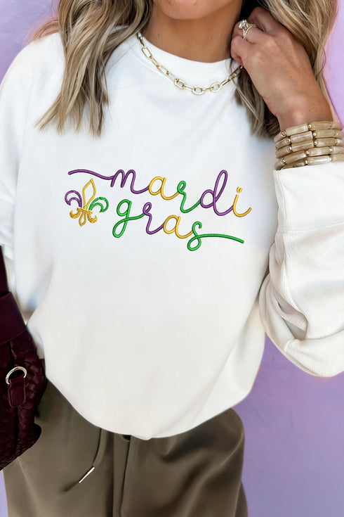 Corded Knit Embroidered Script Graphic Pullover Sweatshirt