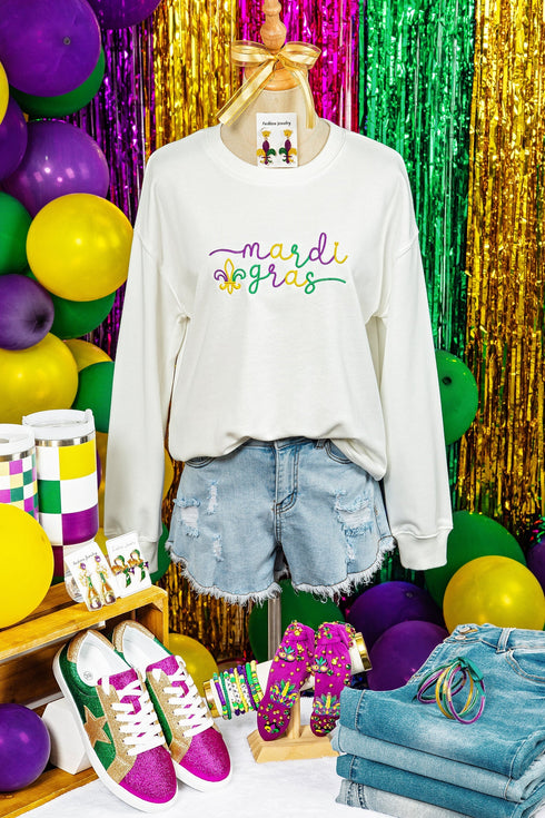 Corded Knit Embroidered Script Graphic Pullover Sweatshirt