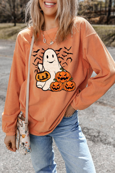 Corded Knit Ghost And Bat Graphic Pullover Sweatshirt