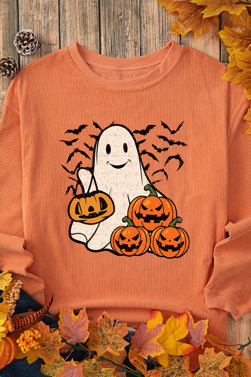 Corded Knit Ghost And Bat Graphic Pullover Sweatshirt