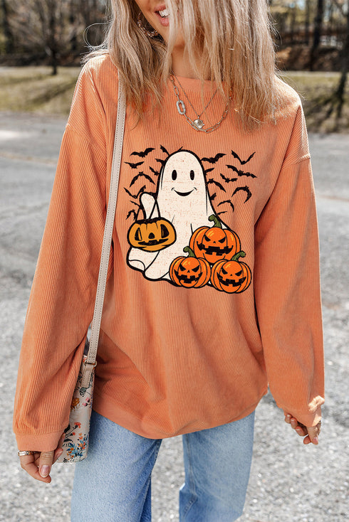 Corded Knit Ghost And Bat Graphic Pullover Sweatshirt