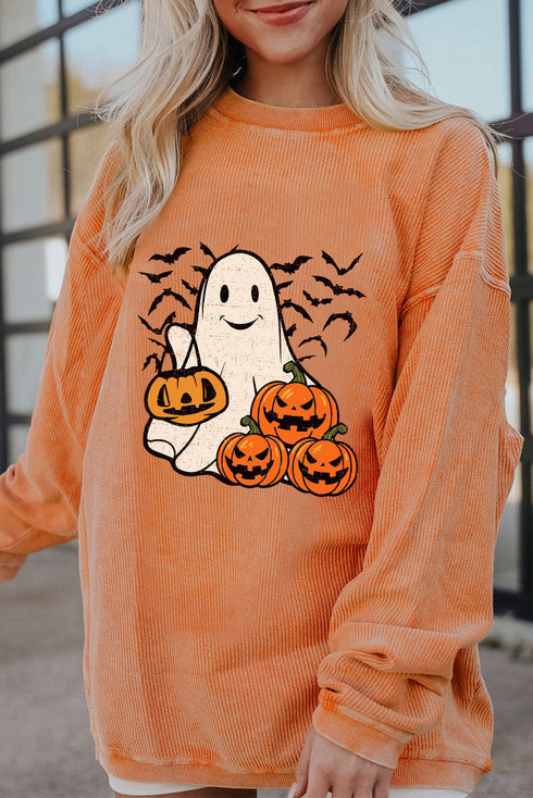Corded Knit Ghost And Bat Graphic Pullover Sweatshirt