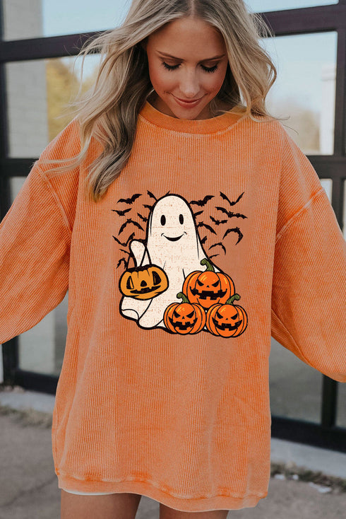 Corded Knit Ghost And Bat Graphic Pullover Sweatshirt
