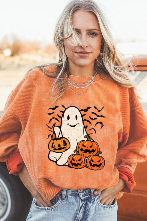 Corded Knit Ghost And Bat Graphic Pullover Sweatshirt