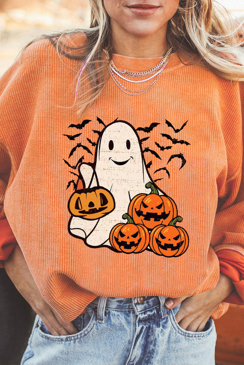 Corded Knit Ghost And Bat Graphic Pullover Sweatshirt