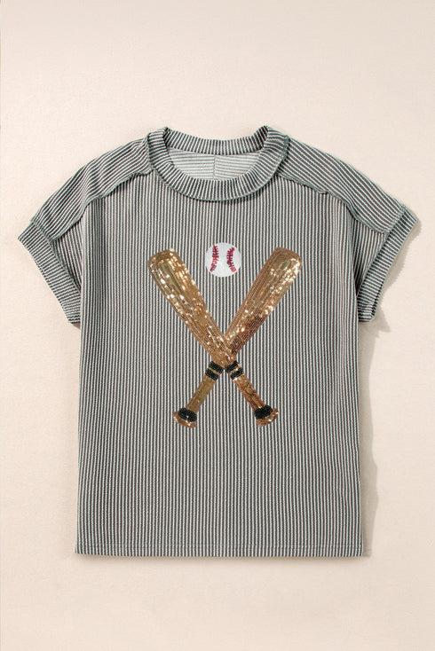 Corded Knit Sequin Baseball Graphic Short Sleeve Tee