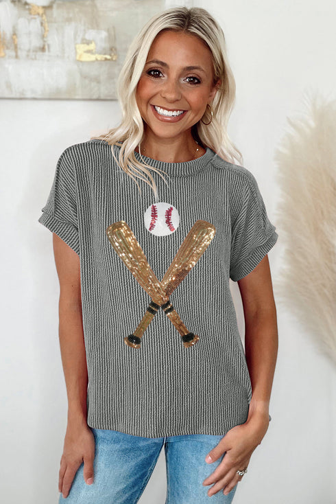 Corded Knit Sequin Baseball Graphic Short Sleeve Tee