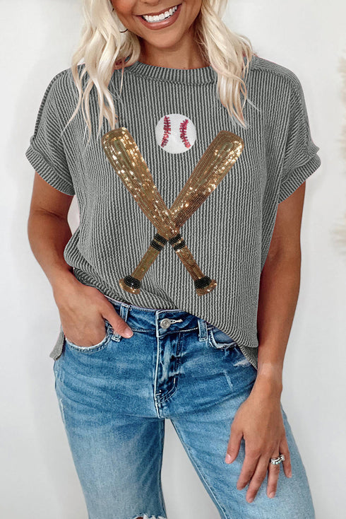 Corded Knit Sequin Baseball Graphic Short Sleeve Tee