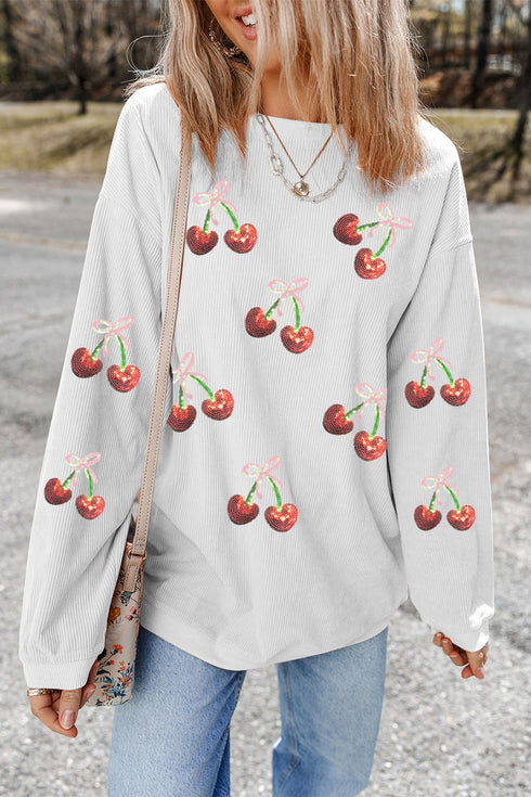 Corded Knit Sequin Cherry Bow Graphic Pullover Sweatshirt