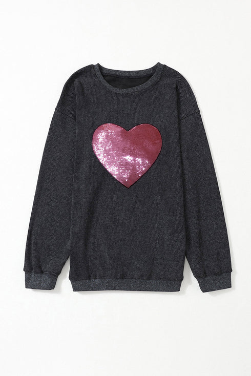 Corded Knit Sequin Heart Oversized Pullover Top