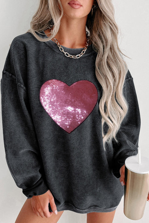 Corded Knit Sequin Heart Oversized Pullover Top