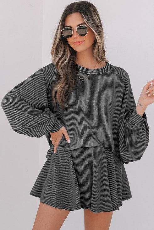 Corded Lantern Sleeve Ruffled Skort Two Piece Dress