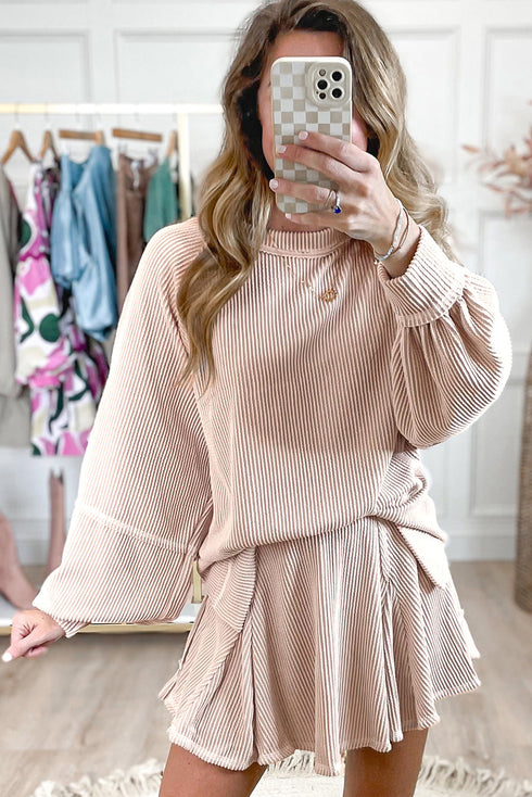 Corded Lantern Sleeve Top Ruffled Mini Skirt Two Piece Dress