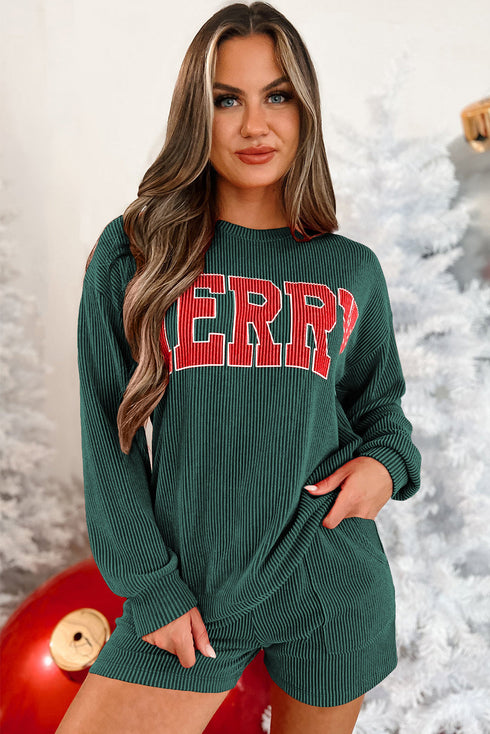 Corded MERRY Graphic Long Sleeve Top and Shorts Set