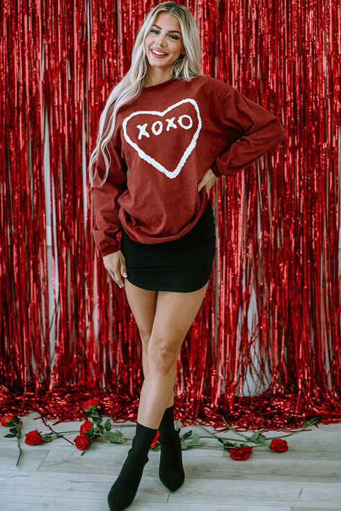 Corded Oversized Heart Graphic Crew Neck Pullover Sweatshirt