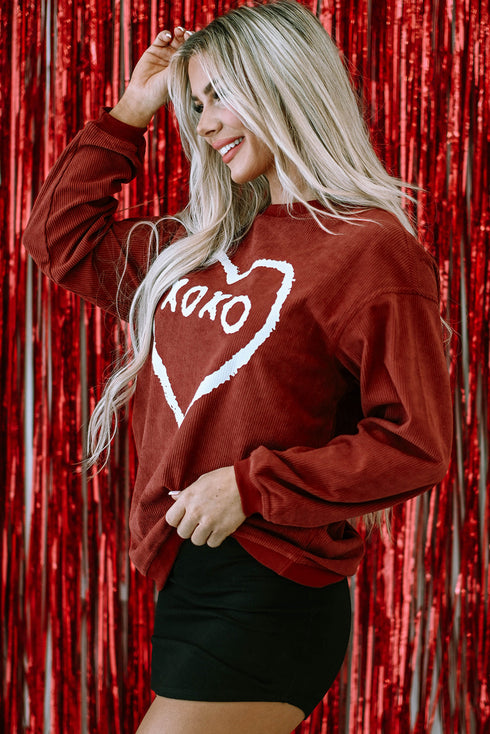Corded Oversized Heart Graphic Crew Neck Pullover Sweatshirt