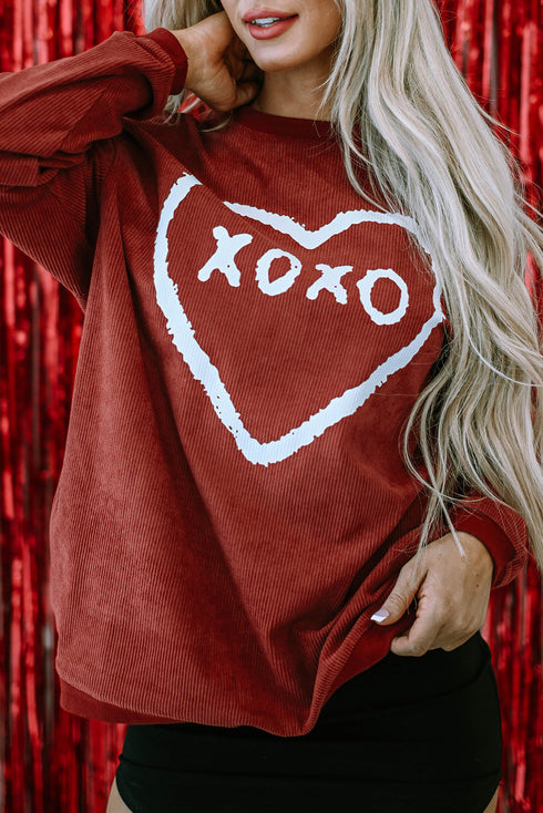 Corded Oversized Heart Graphic Crew Neck Pullover Sweatshirt
