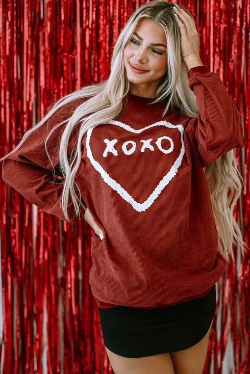 Corded Oversized Heart Graphic Crew Neck Pullover Sweatshirt