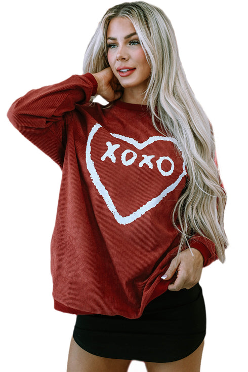 Corded Oversized Heart Graphic Crew Neck Pullover Sweatshirt
