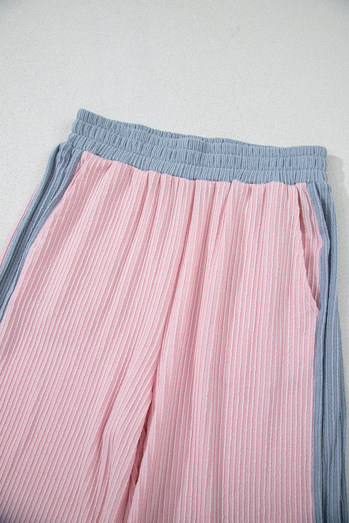 Corded Patchwork Contrast Trim Short Sleeve Wide Leg Pant Set