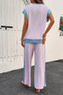 Corded Patchwork Contrast Trim Short Sleeve Wide Leg Pant Set