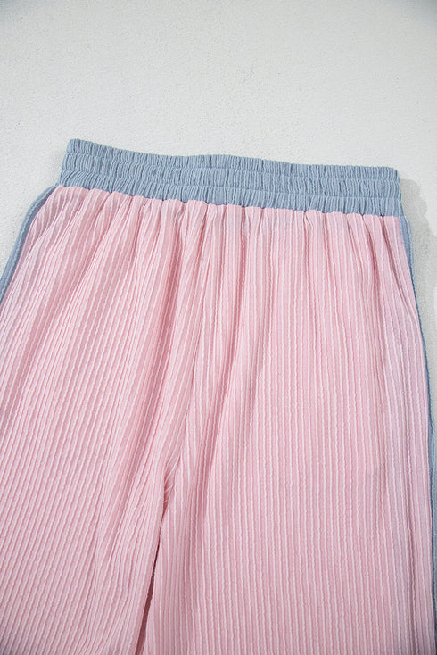 Corded Patchwork Contrast Trim Short Sleeve Wide Leg Pant Set