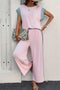Corded Patchwork Contrast Trim Short Sleeve Wide Leg Pant Set