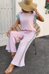 Corded Patchwork Contrast Trim Short Sleeve Wide Leg Pant Set