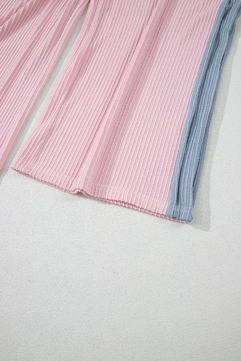 Corded Patchwork Contrast Trim Short Sleeve Wide Leg Pant Set