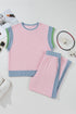 Corded Patchwork Contrast Trim Short Sleeve Wide Leg Pant Set