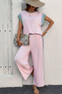 Corded Patchwork Contrast Trim Short Sleeve Wide Leg Pant Set