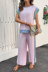 Corded Patchwork Contrast Trim Short Sleeve Wide Leg Pant Set