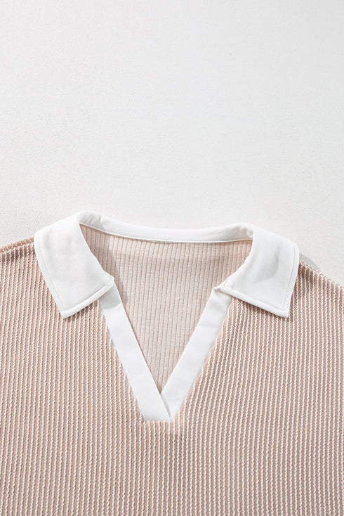 Corded Patchwork Paneled Slit V Neck Long Sleeve Top