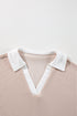 Corded Patchwork Paneled Slit V Neck Long Sleeve Top