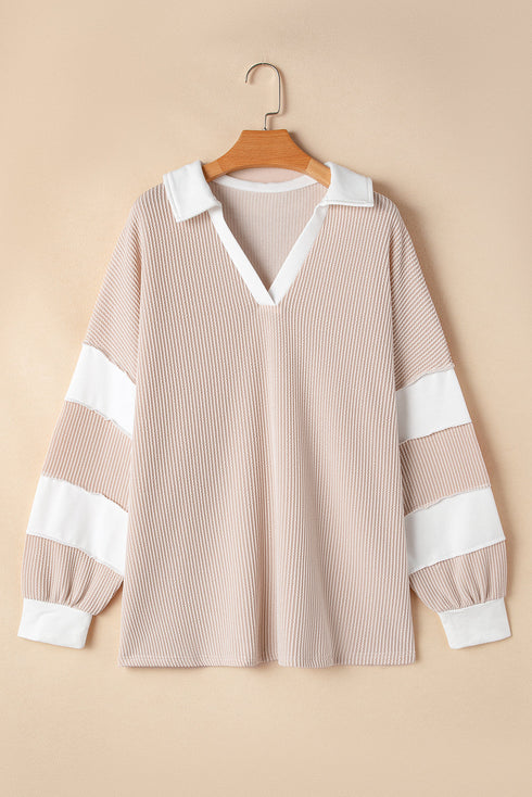 Corded Patchwork Paneled Slit V Neck Long Sleeve Top