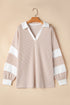 Corded Patchwork Paneled Slit V Neck Long Sleeve Top