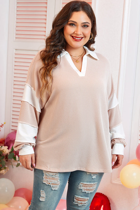 Corded Patchwork Paneled Slit V Neck Long Sleeve Top
