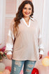 Corded Patchwork Paneled Slit V Neck Long Sleeve Top