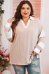 Corded Patchwork Paneled Slit V Neck Long Sleeve Top