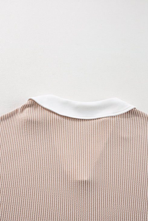 Corded Patchwork Paneled Slit V Neck Long Sleeve Top
