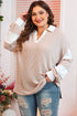 Corded Patchwork Paneled Slit V Neck Long Sleeve Top