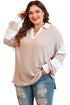 Corded Patchwork Paneled Slit V Neck Long Sleeve Top