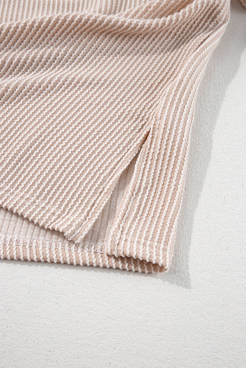 Corded Patchwork Paneled Slit V Neck Long Sleeve Top
