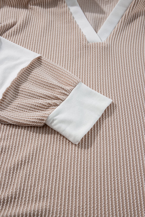 Corded Patchwork Paneled Slit V Neck Long Sleeve Top