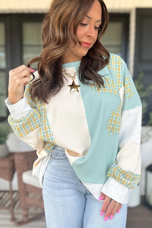 Corded Plaid Applique Patchwork Round Neck Long Sleeve Top